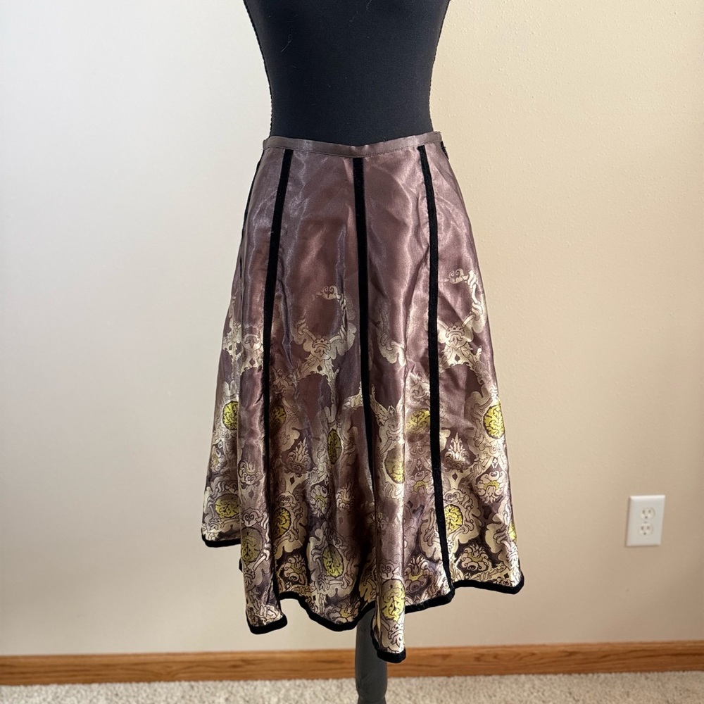 Apostrophe Metallic Brocade Midi Skirt Bronze Gold Velvet Size 2 - Picture 2 of 12